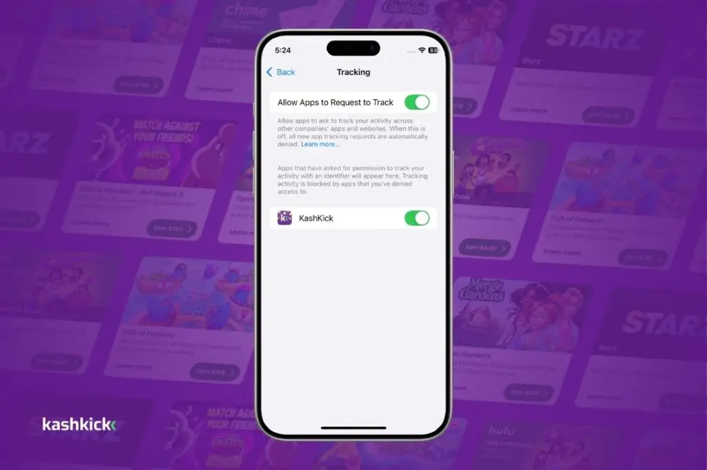 iPhone Tracking settings showing “Allow Apps to Request to Track” and KashKick tracking enabled