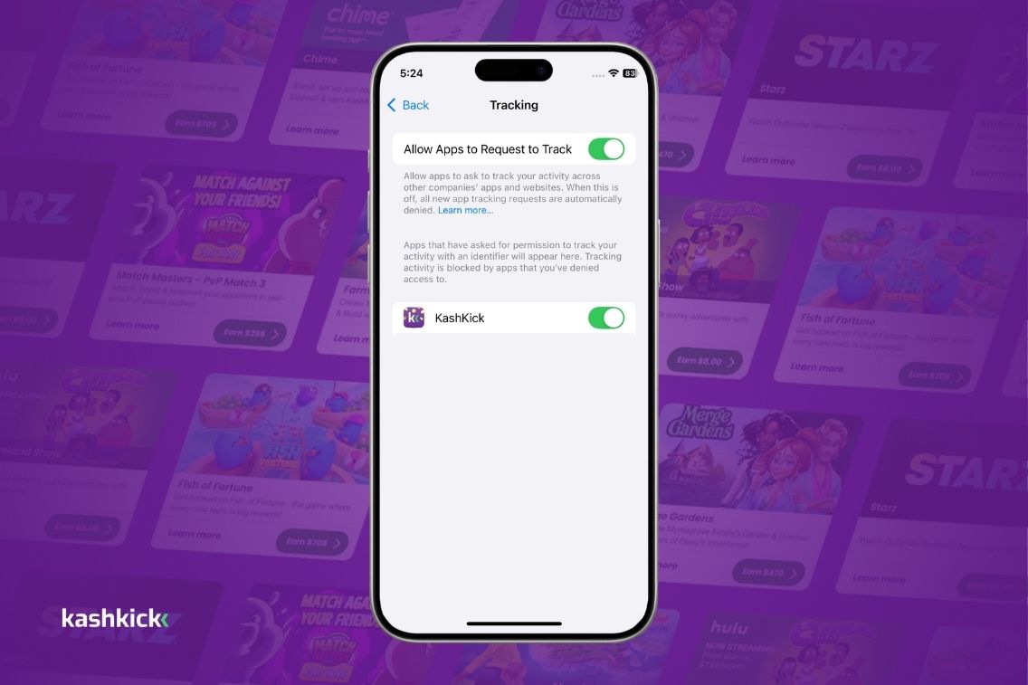 iPhone Tracking settings showing “Allow Apps to Request to Track” and KashKick tracking enabled