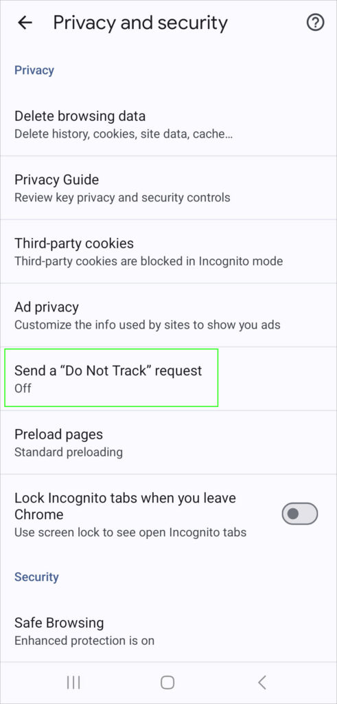 Android Chrome Privacy and security settings showing the “Send a Do Not Track request” option turned off