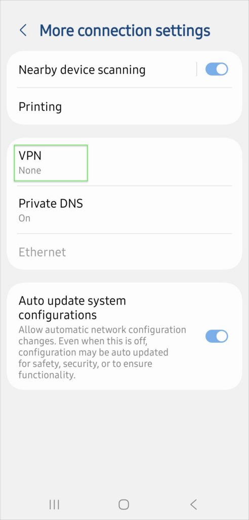Android More connection settings screen showing VPN set to none