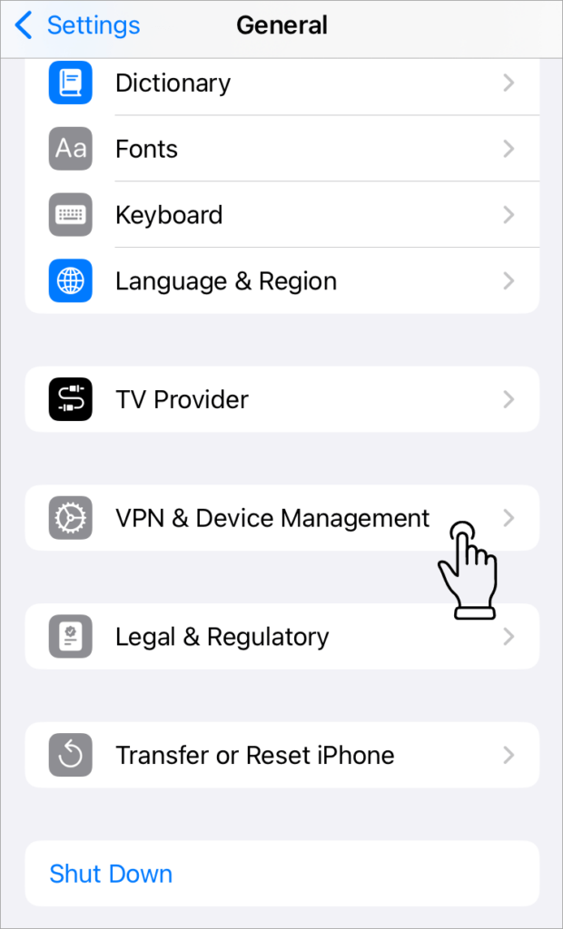 iPhone General settings showing the VPN & Device Management option