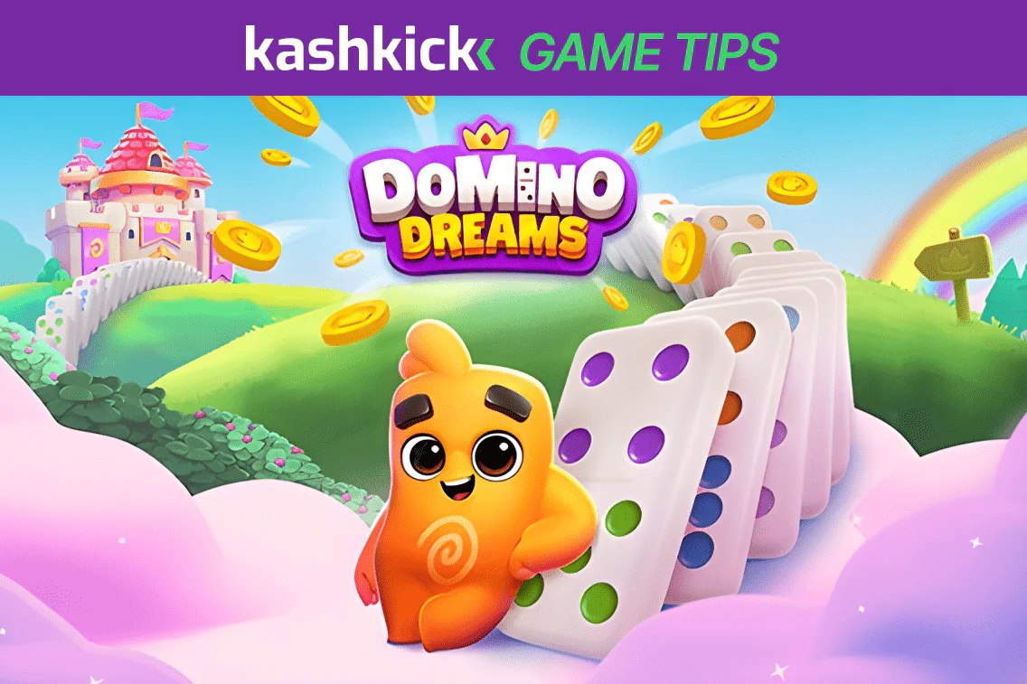 Domino Dreams game artwork with a smiling character, domino tiles, coins, castle and rainbow
