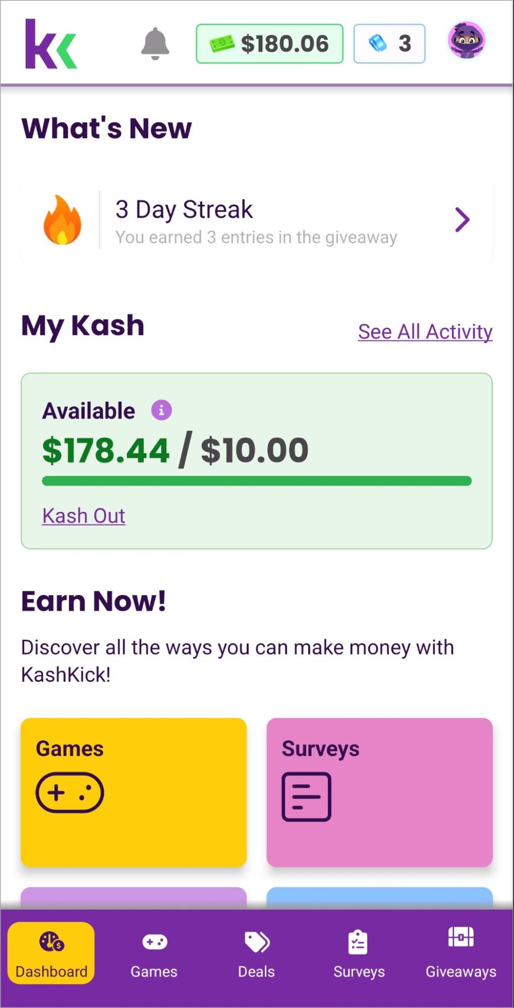 KashKick dashboard showing a 3-day streak, available cash balance and ways to earn through games and surveys