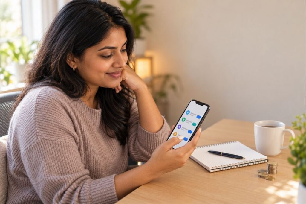 Woman comparing credit building apps on a smartphone at a desk