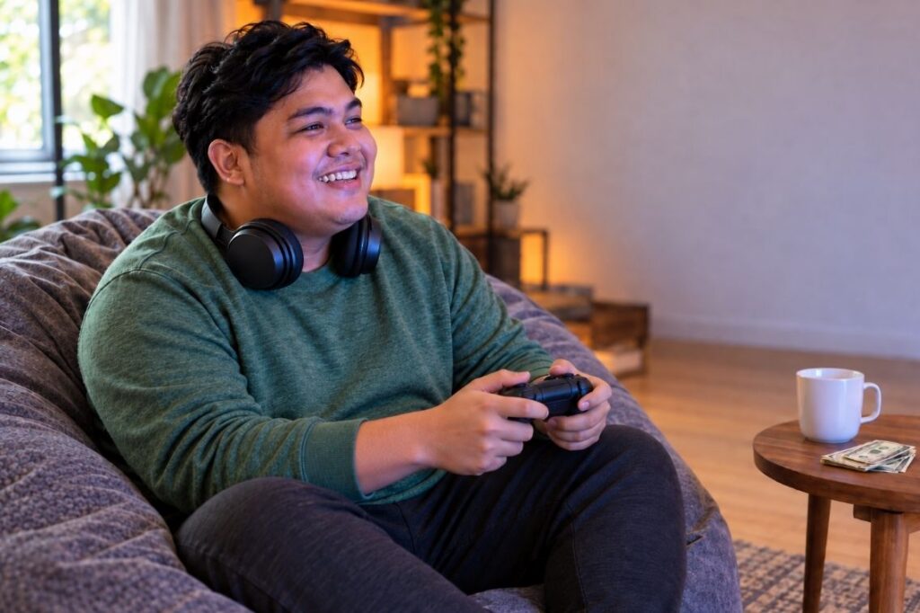 Man making money by playing video games in his living room.