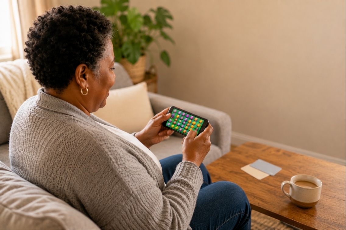 Woman playing a mobile game on her phone while sitting on a couch