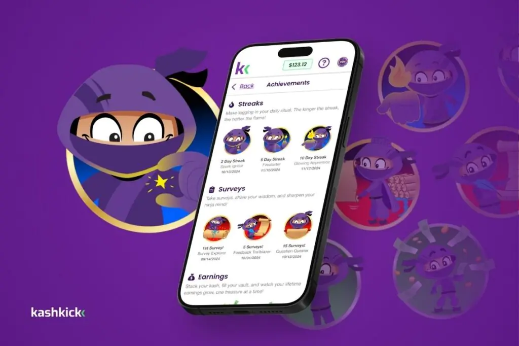 KashKick app achievements screen showing streak, survey and earnings badges beside the KashKick ninja mascot