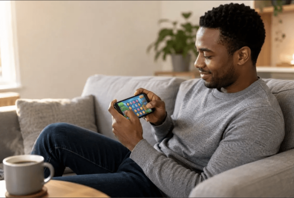 Man sitting on a couch playing a game on his mobile phone to earn money.