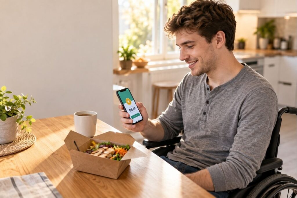 Man using a food rewards app on his phone beside a takeout meal at home