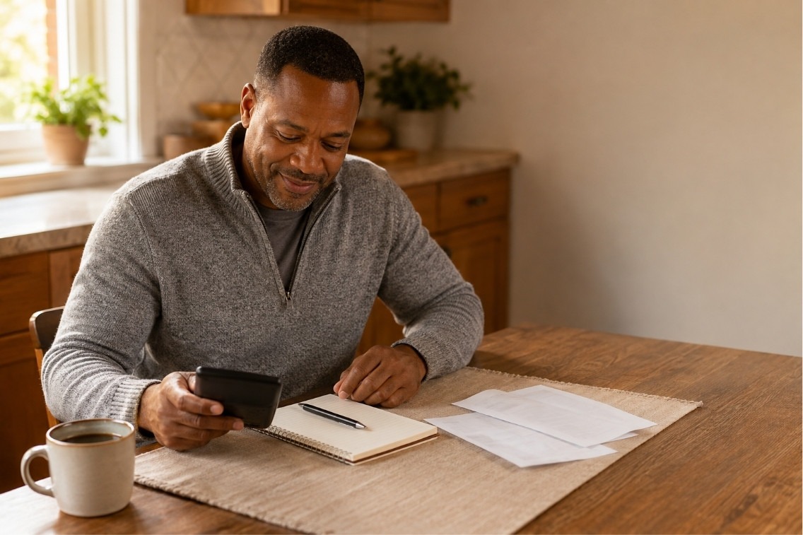 Man reviewing household bills and expenses on his phone at a kitchen table