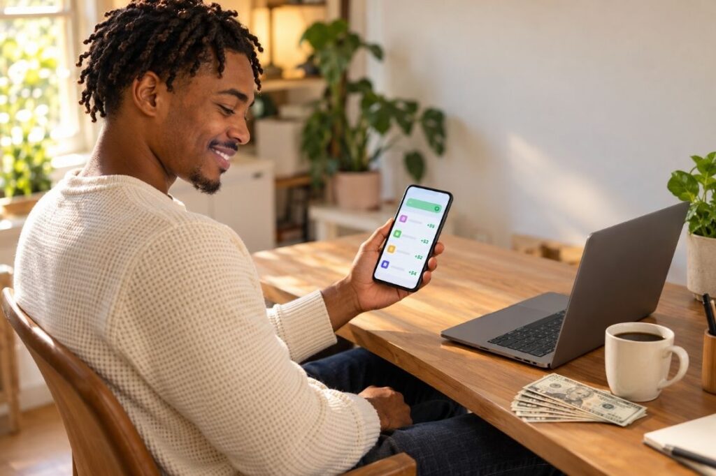 Smiling person using side hustle apps on their phone
