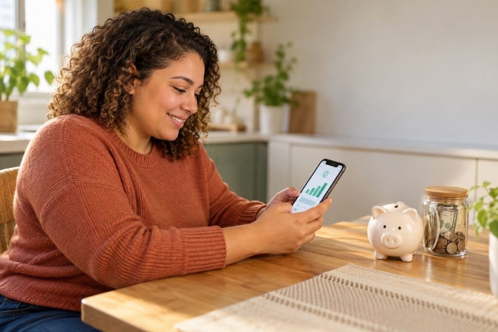person smiling while looking at their phone with a piggy bank and savings jar in the background