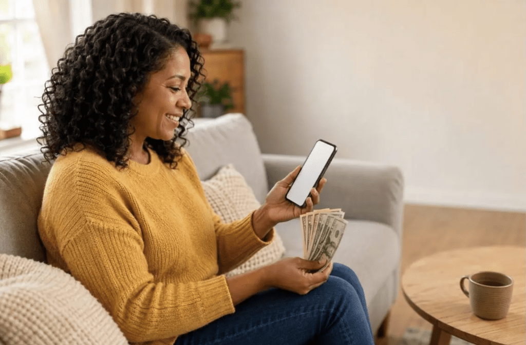 Woman sitting on her couch using her mobile phone to make real money.