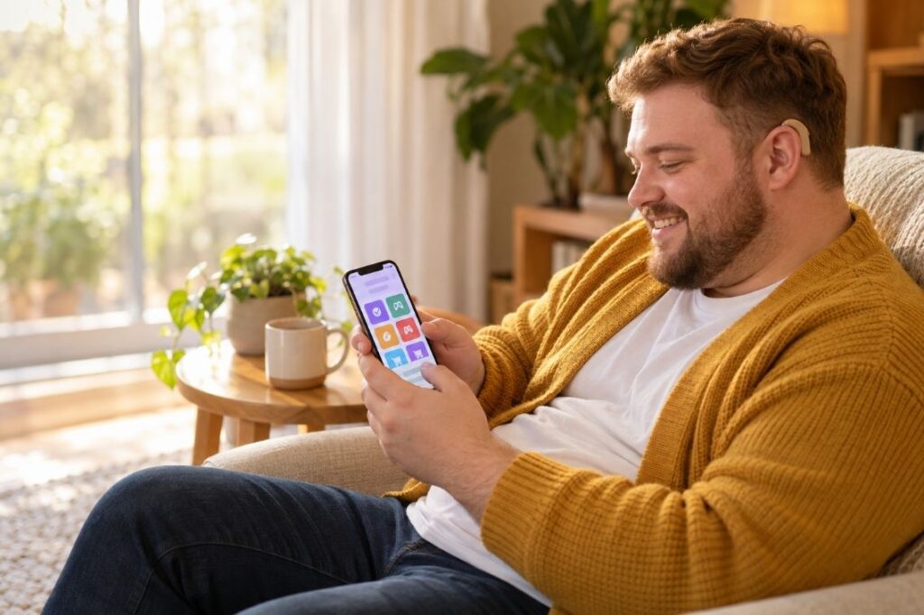 Person smiling while earning money on their phone with multiple app icons visible
