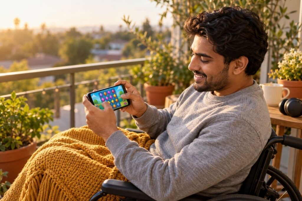 Man sitting outside in a wheelchair playing games on a mobile device.