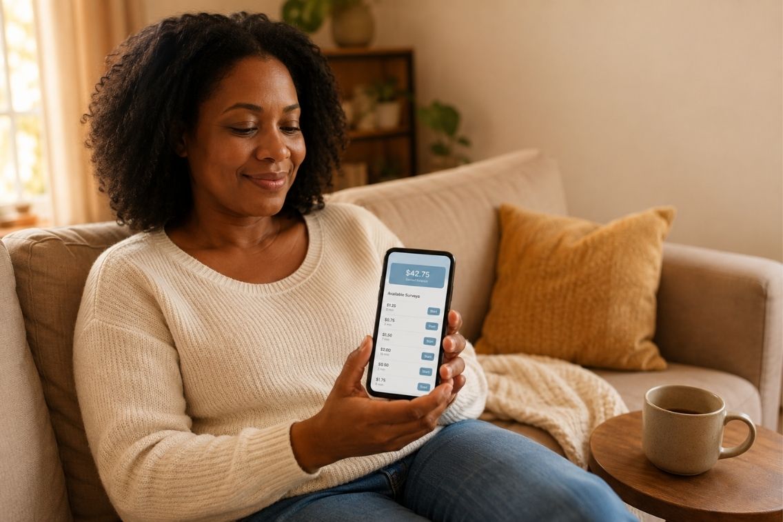 how much can you make on survey apps—person reviewing earnings on phone