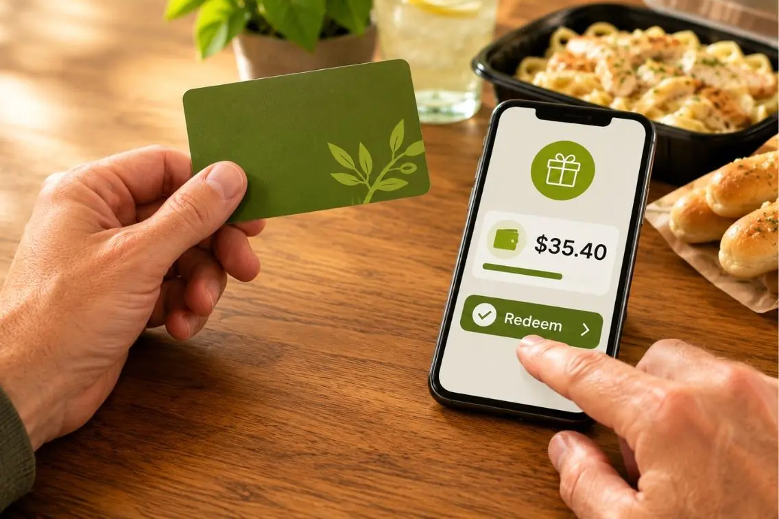 free Olive Garden gift card with breadsticks and pasta on table