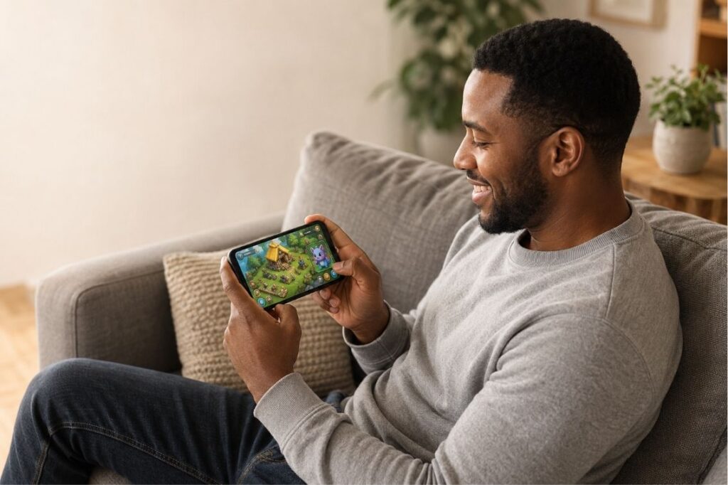 Palmon: Survival guide showing a player camp and captured creatures on a phone screen