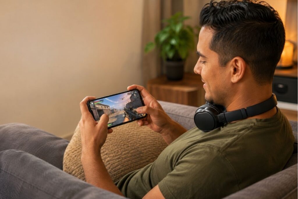 Best FPS mobile games shown as a phone displaying a first-person shooter match