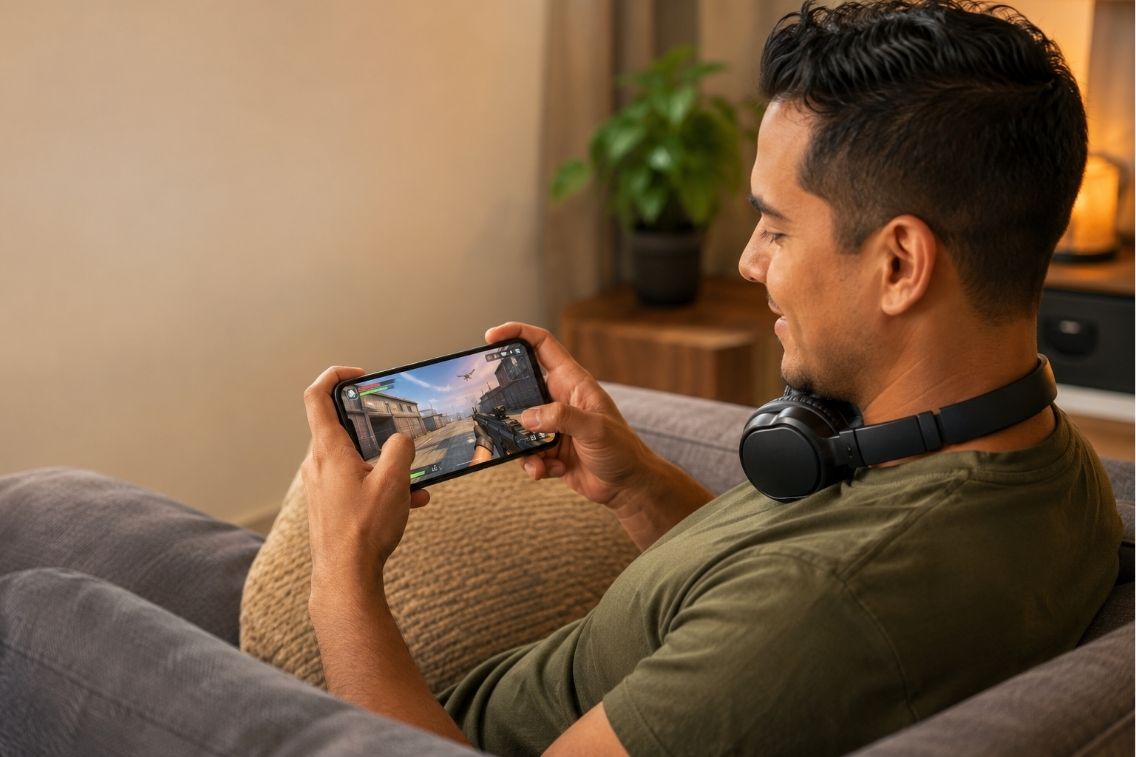 Best FPS mobile games shown as a phone displaying a first-person shooter match