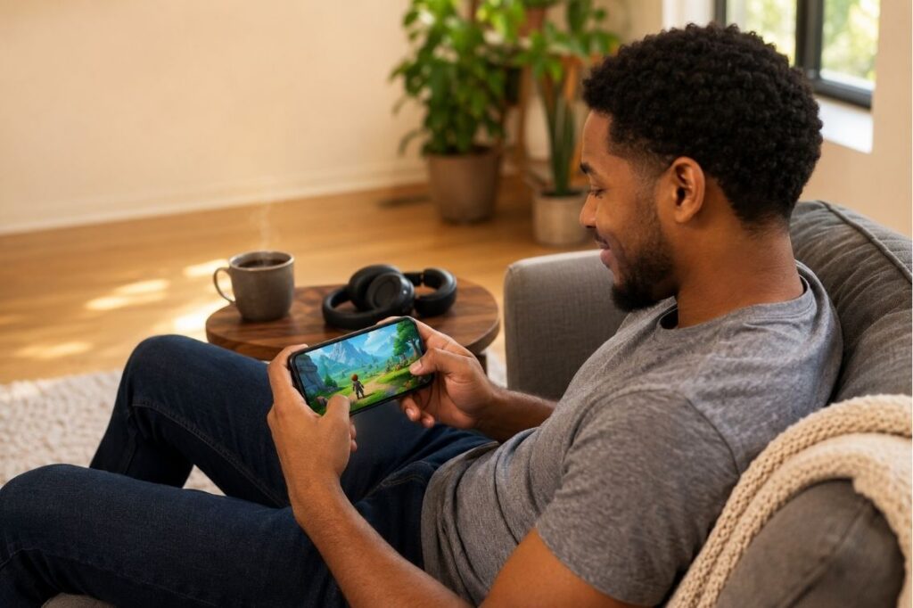 Best mobile adventure games shown on a phone screen with open-world and hidden-object scenes