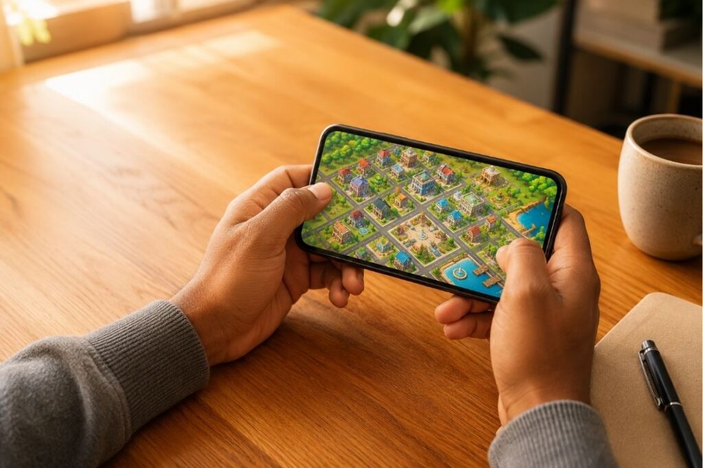 best simulation games Android shown on a phone with a city builder and tycoon game