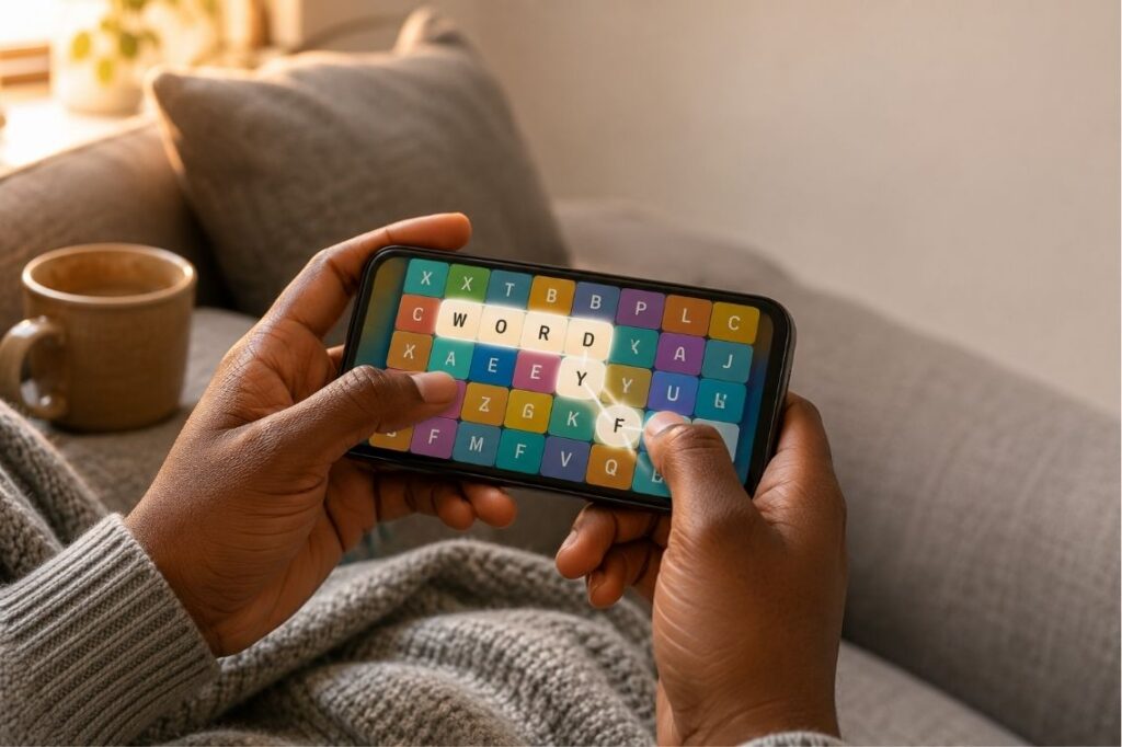 Best word games for Android shown on a phone with colorful letter tiles