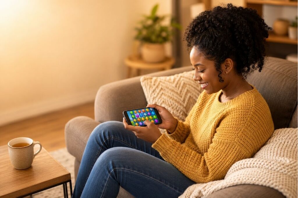 Collage of mobile games like Homescapes with match-3 and home decorating screens