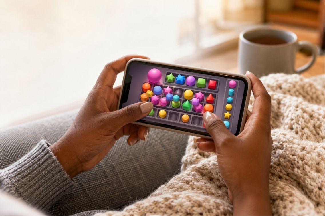 Games like Match Factory shown as 3D sorting puzzle gameplay on a phone