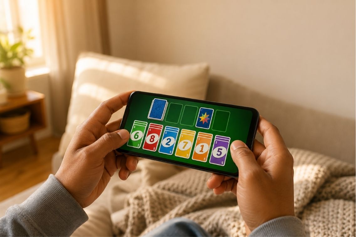 How to play Skip-Bo shown on a phone with stacked building piles and a wild Skip-Bo card