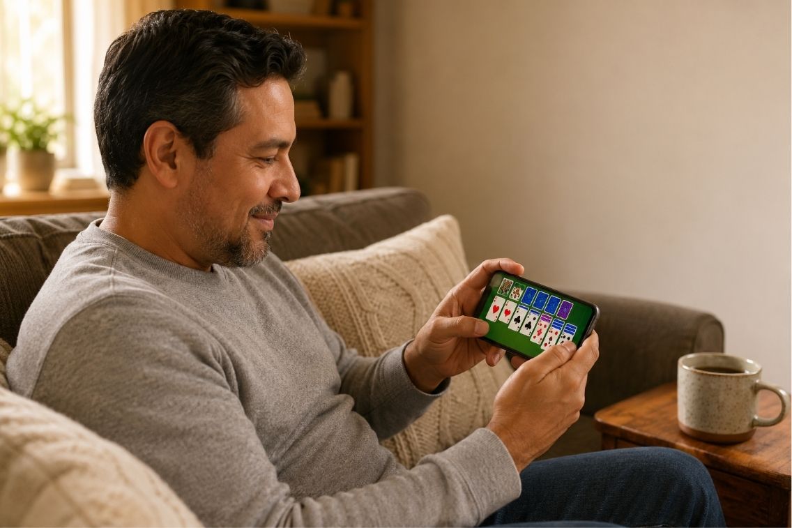 Is Solitaire Stash legit? Player holding phone showing a Solitaire Stash cash tournament game
