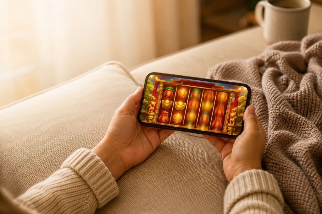 Is Eastern Wealth Spins Casino legit? A phone showing the golden Eastern-themed slot game