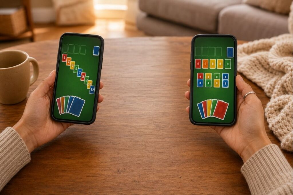 Skip-Bo vs Phase 10 comparison showing both mobile card games side by side