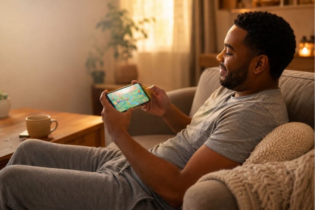 Calming stress relief games on a phone screen for unwinding and earning rewards
