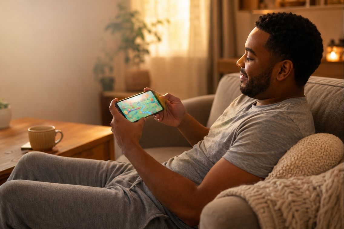 Calming stress relief games on a phone screen for unwinding and earning rewards