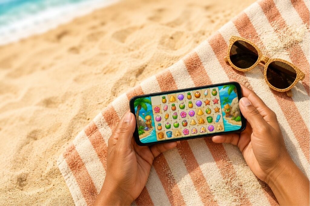 Beach Bliss: Merge Puzzle Game tips shown on a phone at a sunny beach