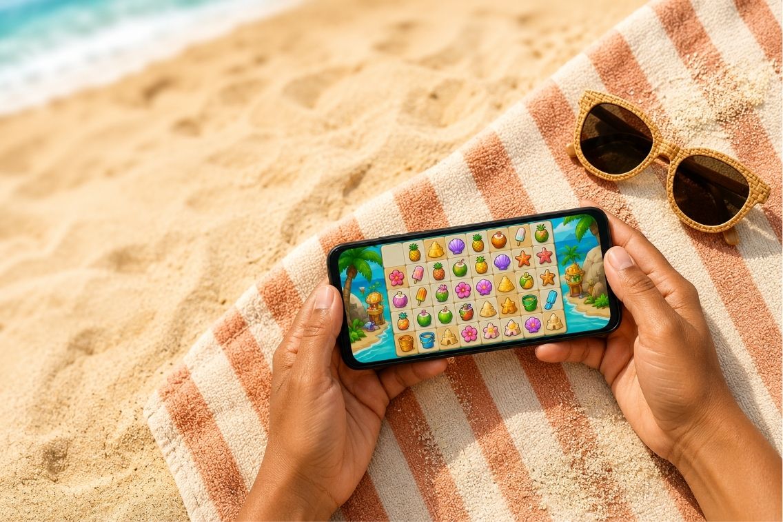 Beach Bliss: Merge Puzzle Game tips shown on a phone at a sunny beach