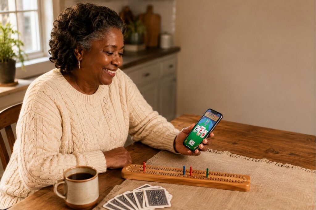 Cribbage Classic tips shown on a phone with a cribbage board and pegs mid-game