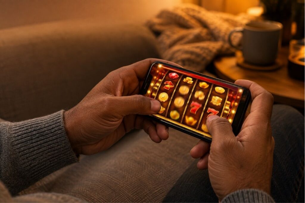 Checking if Go Go Gold Casino is legit on a phone showing gold slot reels