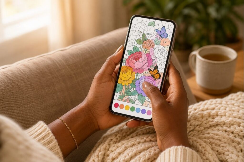 Happy Color tips shown on a phone as someone taps to color a numbered picture