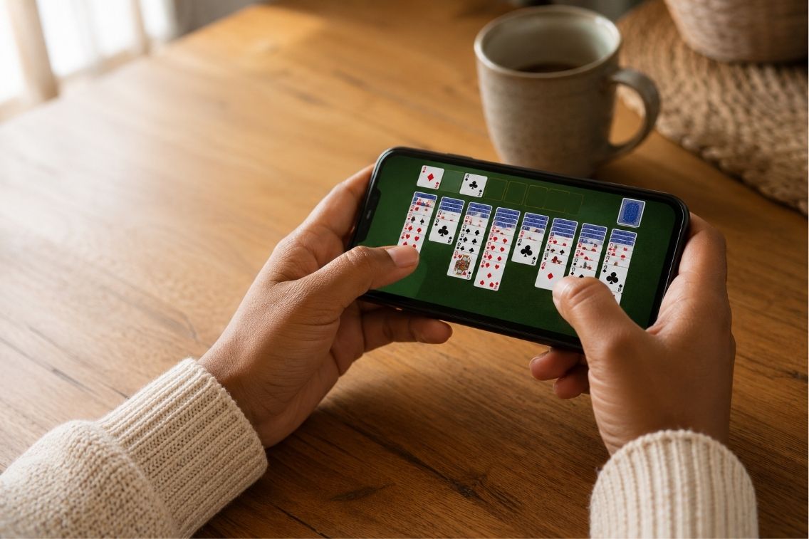 Solitaire Classic Card Game tips shown on a phone with a Klondike tableau mid-game