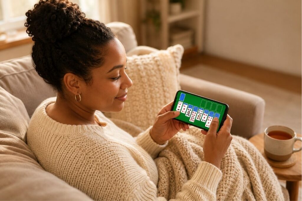Solitaire Classic tips shown on a phone with a Klondike card layout mid-game