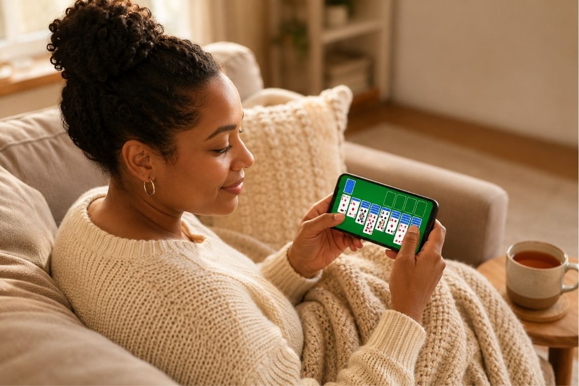 Solitaire Classic tips shown on a phone with a Klondike card layout mid-game