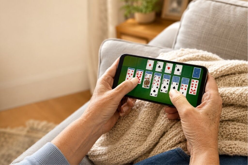 Vita Solitaire tips on a phone showing a Klondike game with large cards