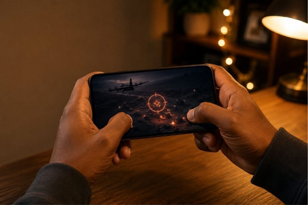 War Drone tips shown on a phone displaying an AC-130 gunship targeting enemies on a 3D battlefield