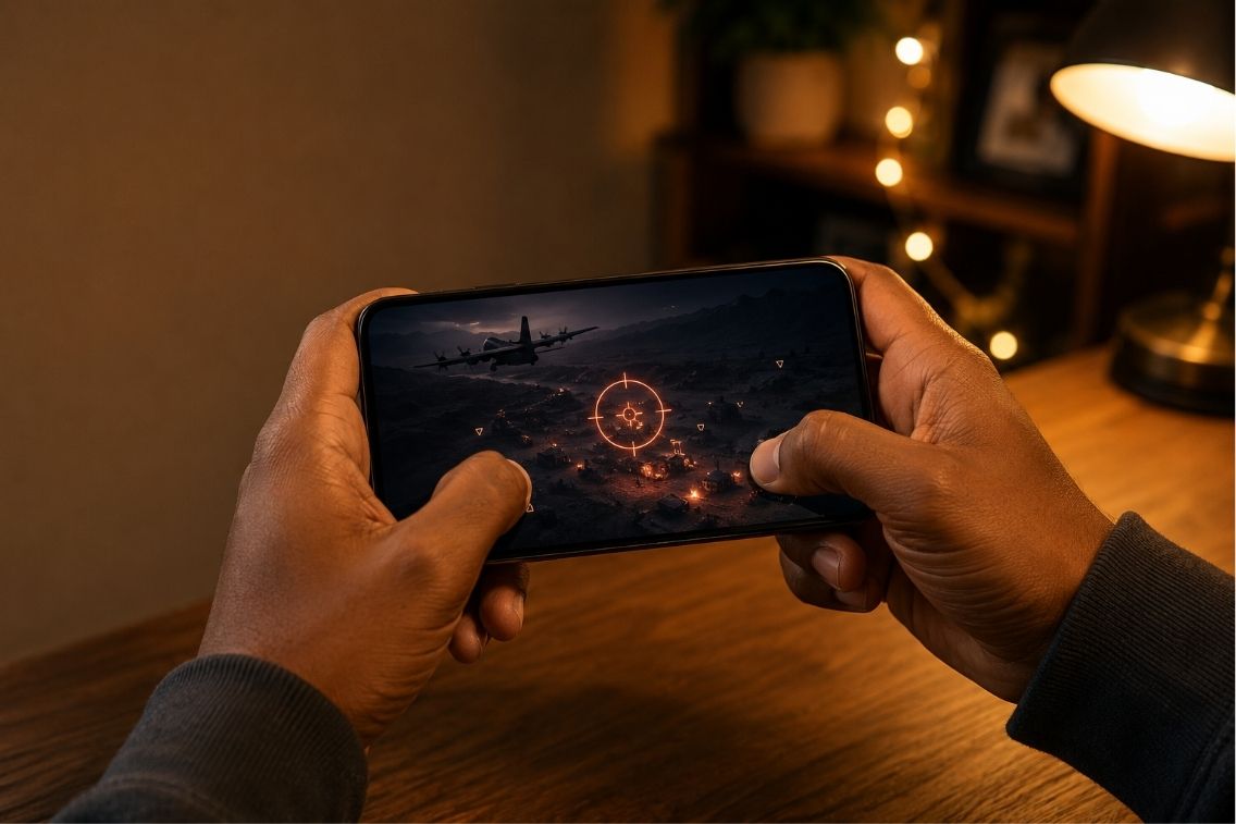 War Drone tips shown on a phone displaying an AC-130 gunship targeting enemies on a 3D battlefield