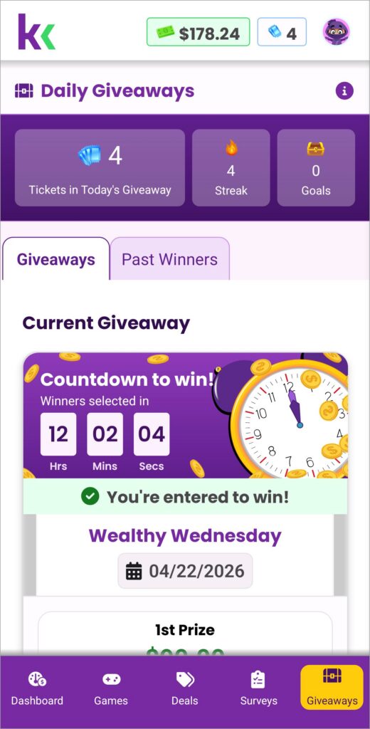 Screenshot of the daily giveaways in the KashKick app. 