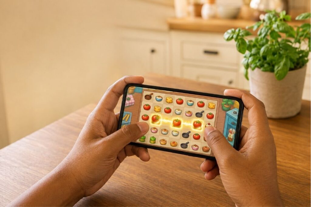 How to play Merge Cooking shown on a phone with food ingredients merging on the board