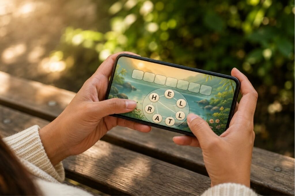 How to play Zen Word on a phone with letter tiles and a calm nature background