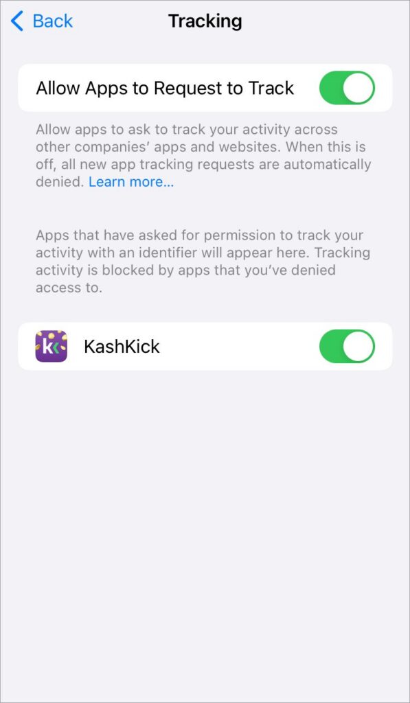 Screenshot of how to allow tracking on iOS. 